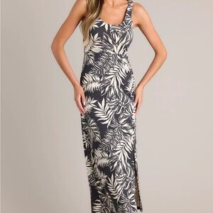 Z Supply Tropical Palm Print Maxi Dress | Black & Cream | Side Slit | Size Small